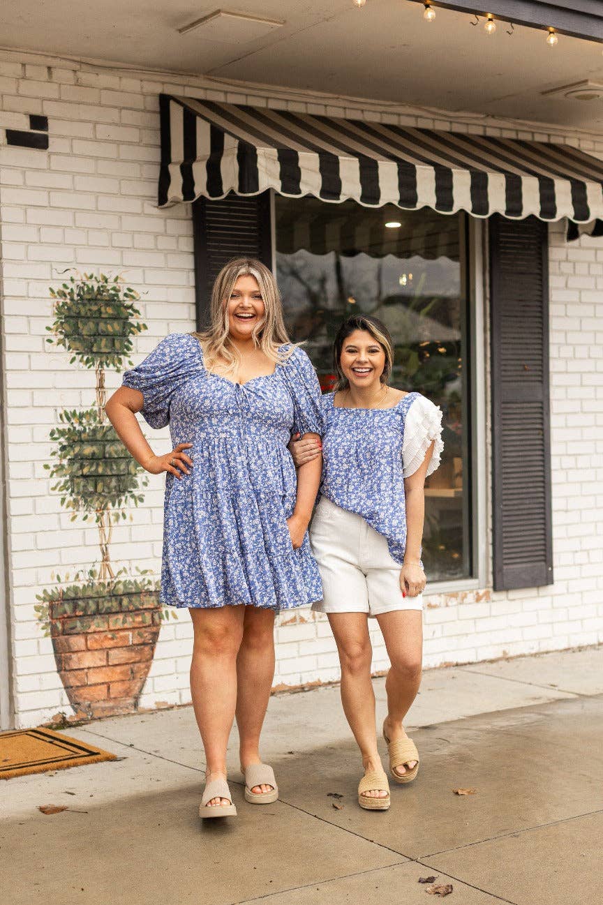 Blue Floral Blouse Ruffle Sleeve: Blue
