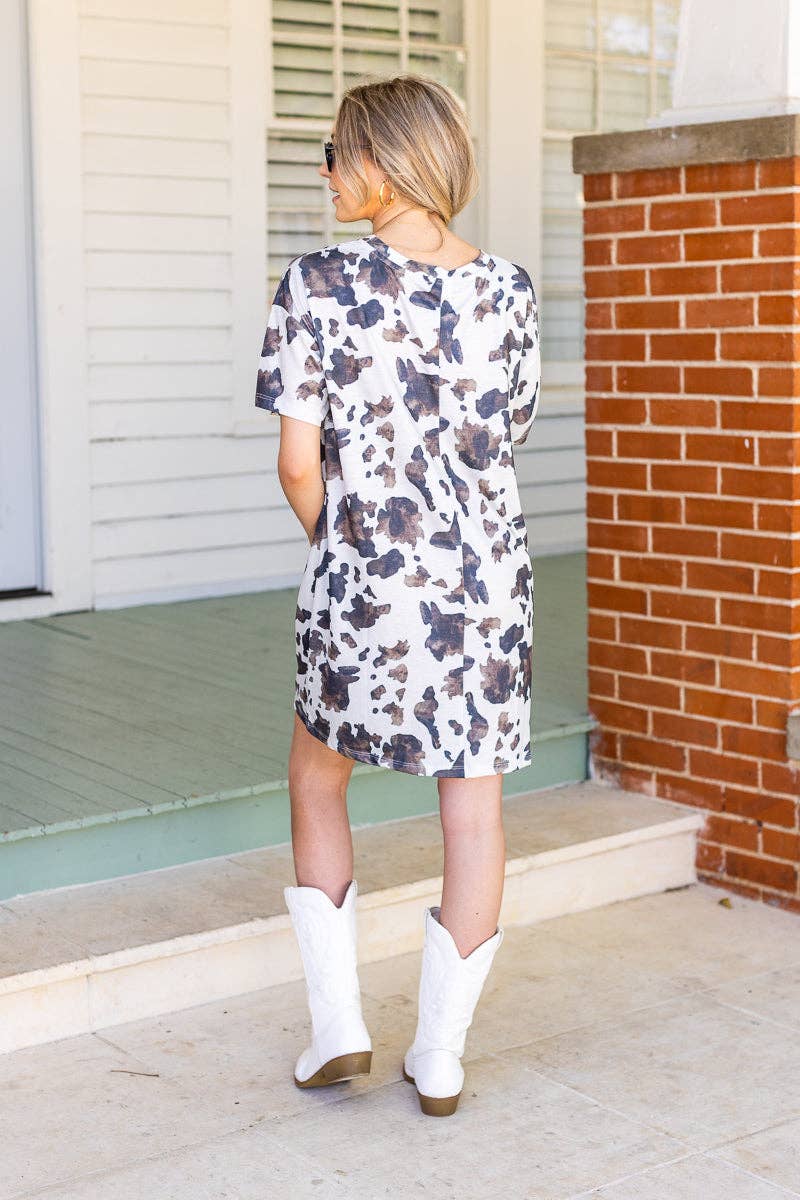 White and brown cow print tee shirt dress: Cowhide / Plus Size