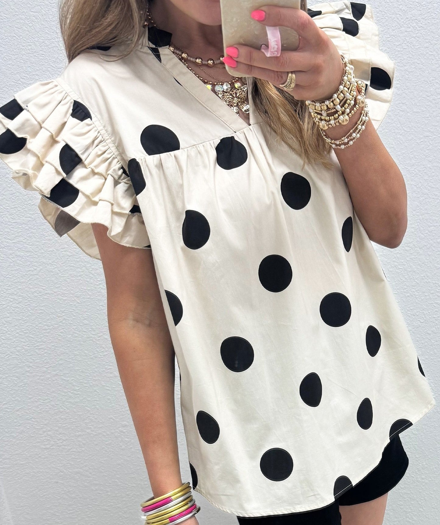Ladies Apricot Casual Polka Dot V-Neck Ruffle Short SleeveShift Blouse