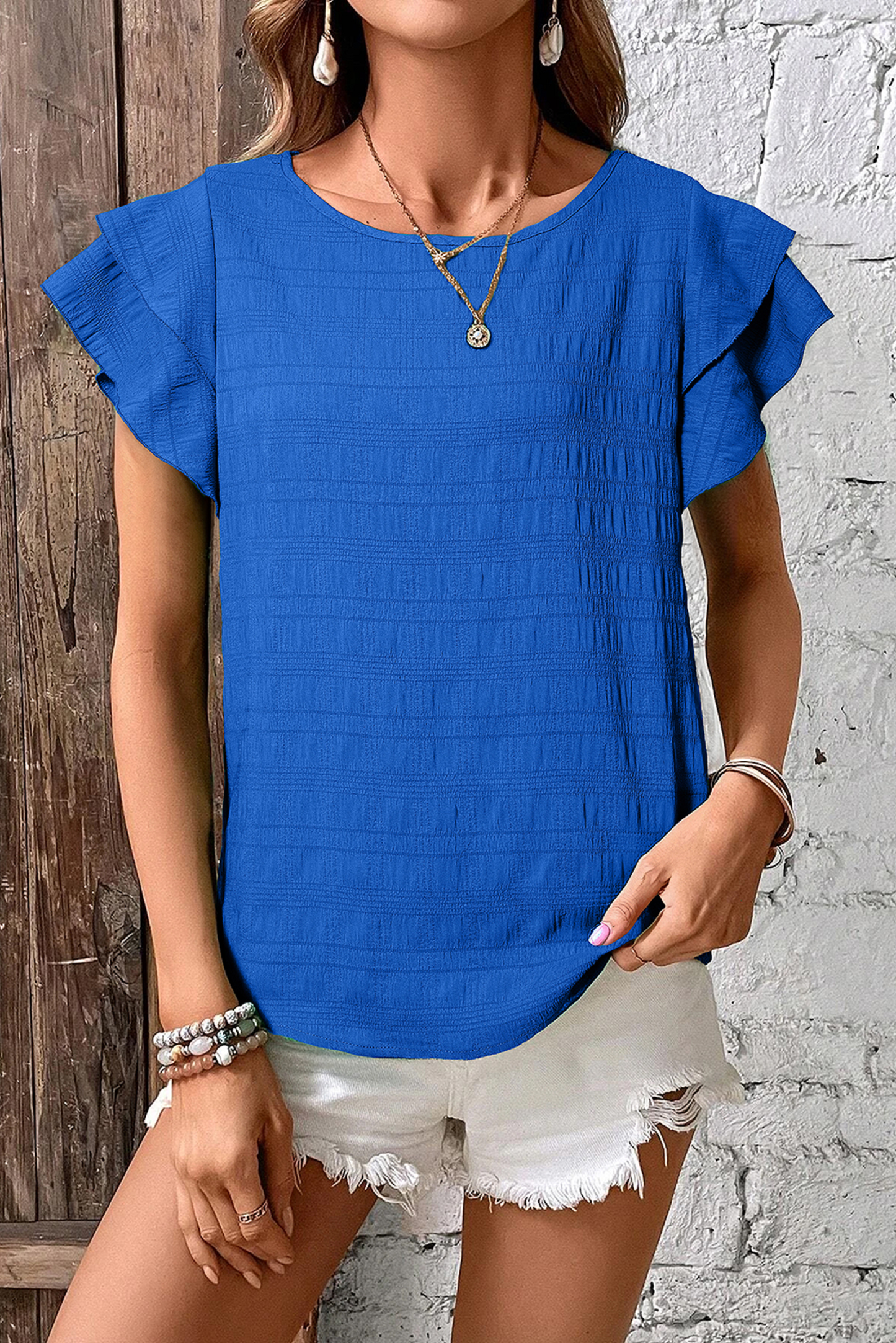 Blue Textured Ruffled Sleeve Round Neck Top