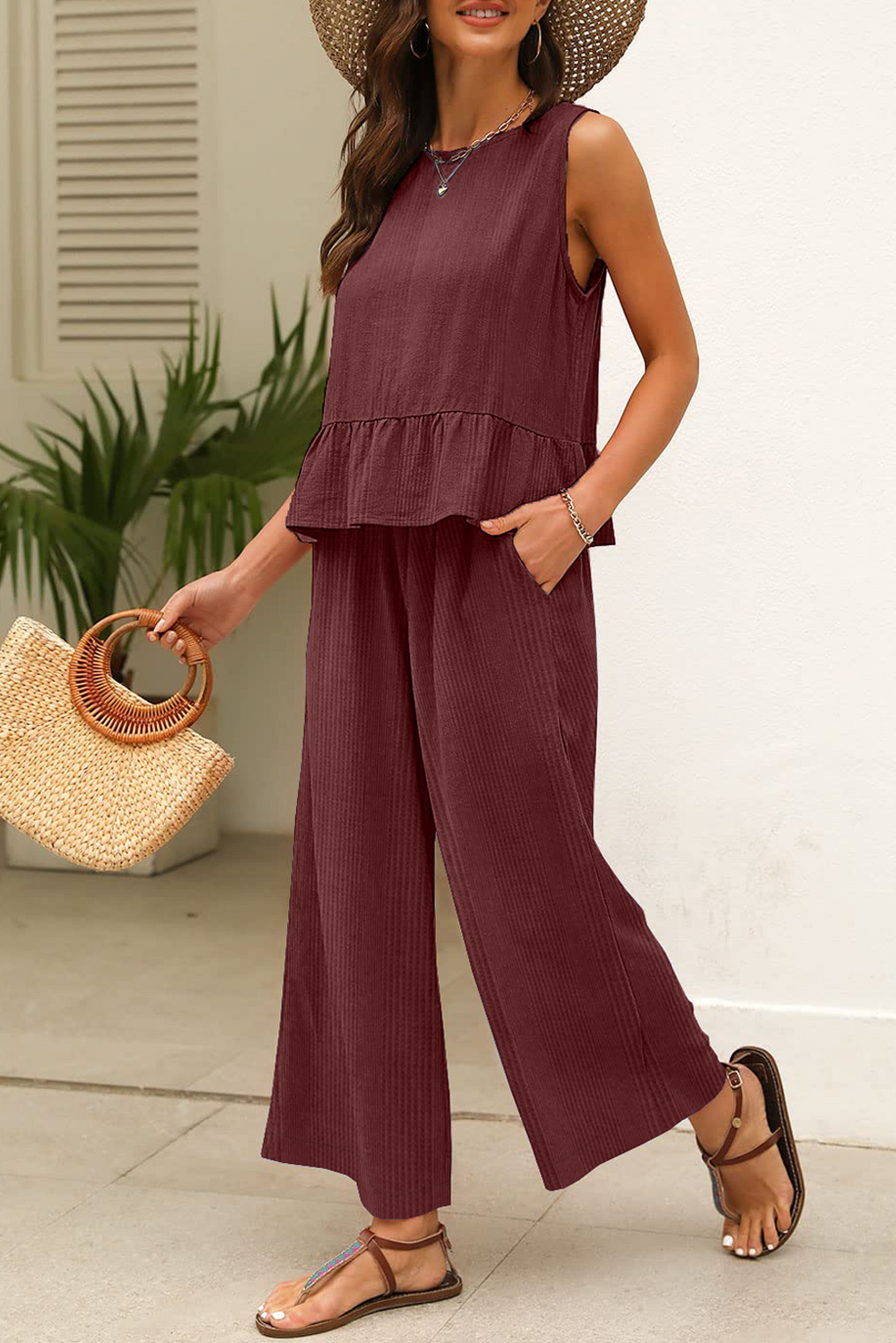 Burgundy Ribbed Ruffle Tank Top and Pants Set