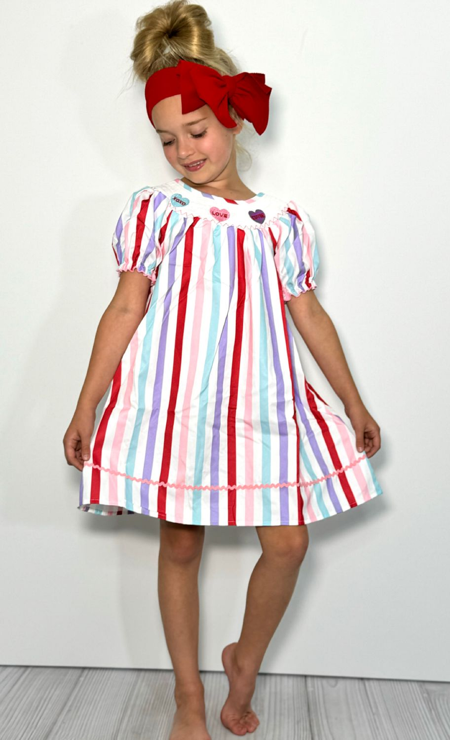 Candy Heart Stripe Smocked Girls Dress