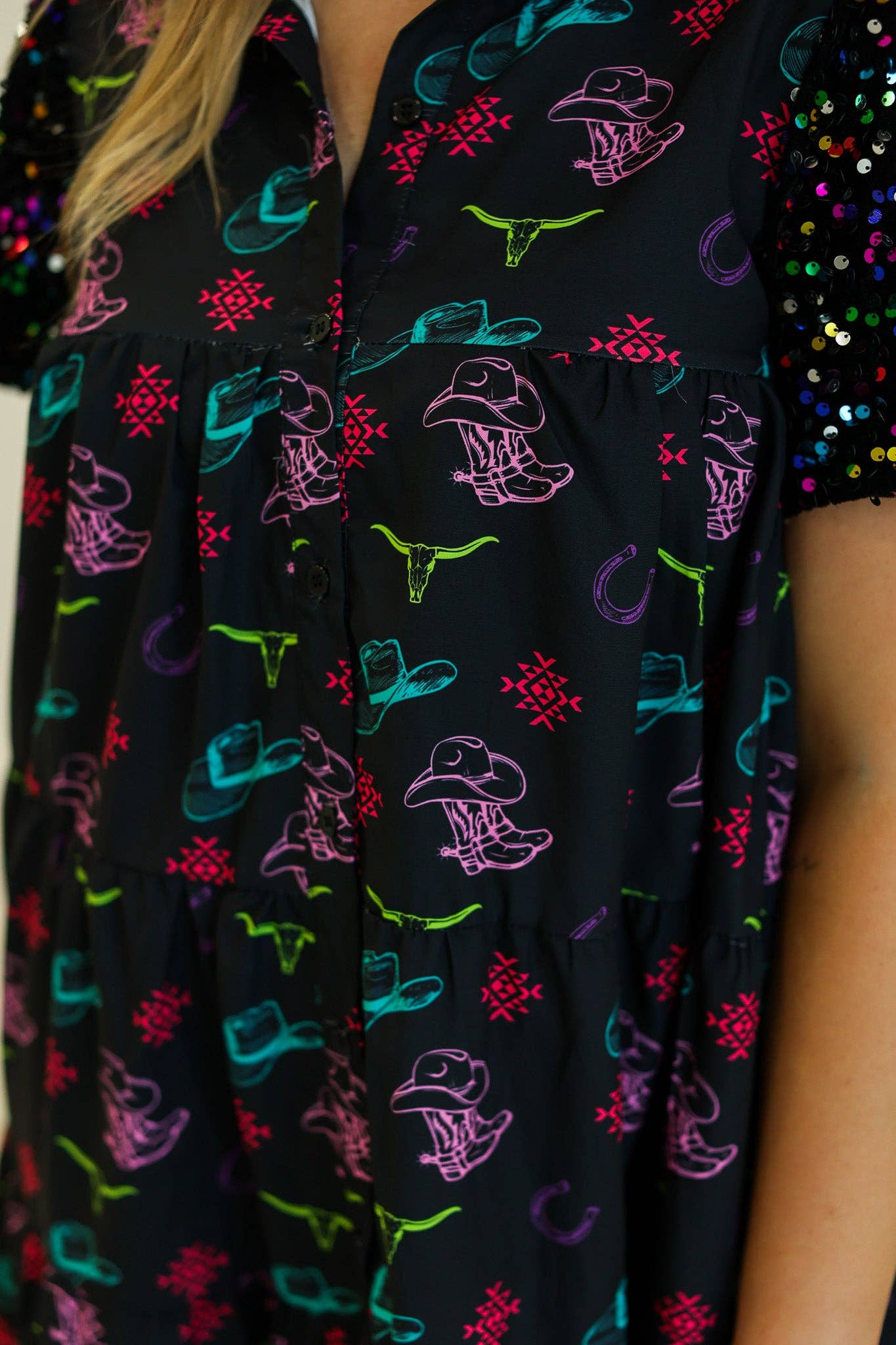 Western Print Shirt Dress: Black