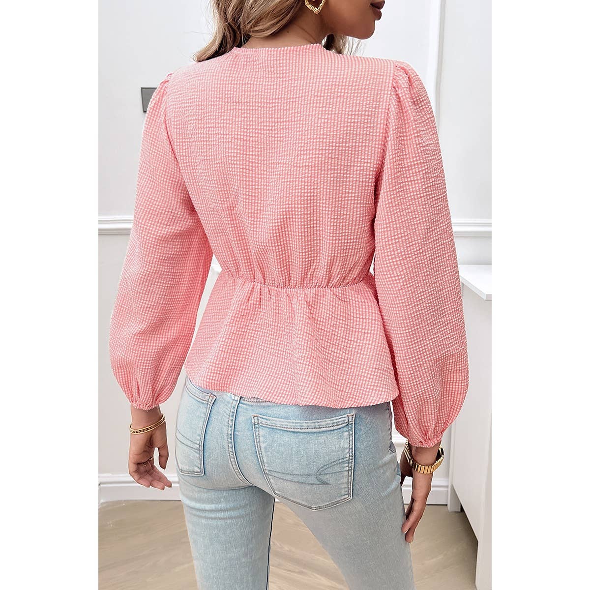 Plaid Puff Sleeves Tie Shirt