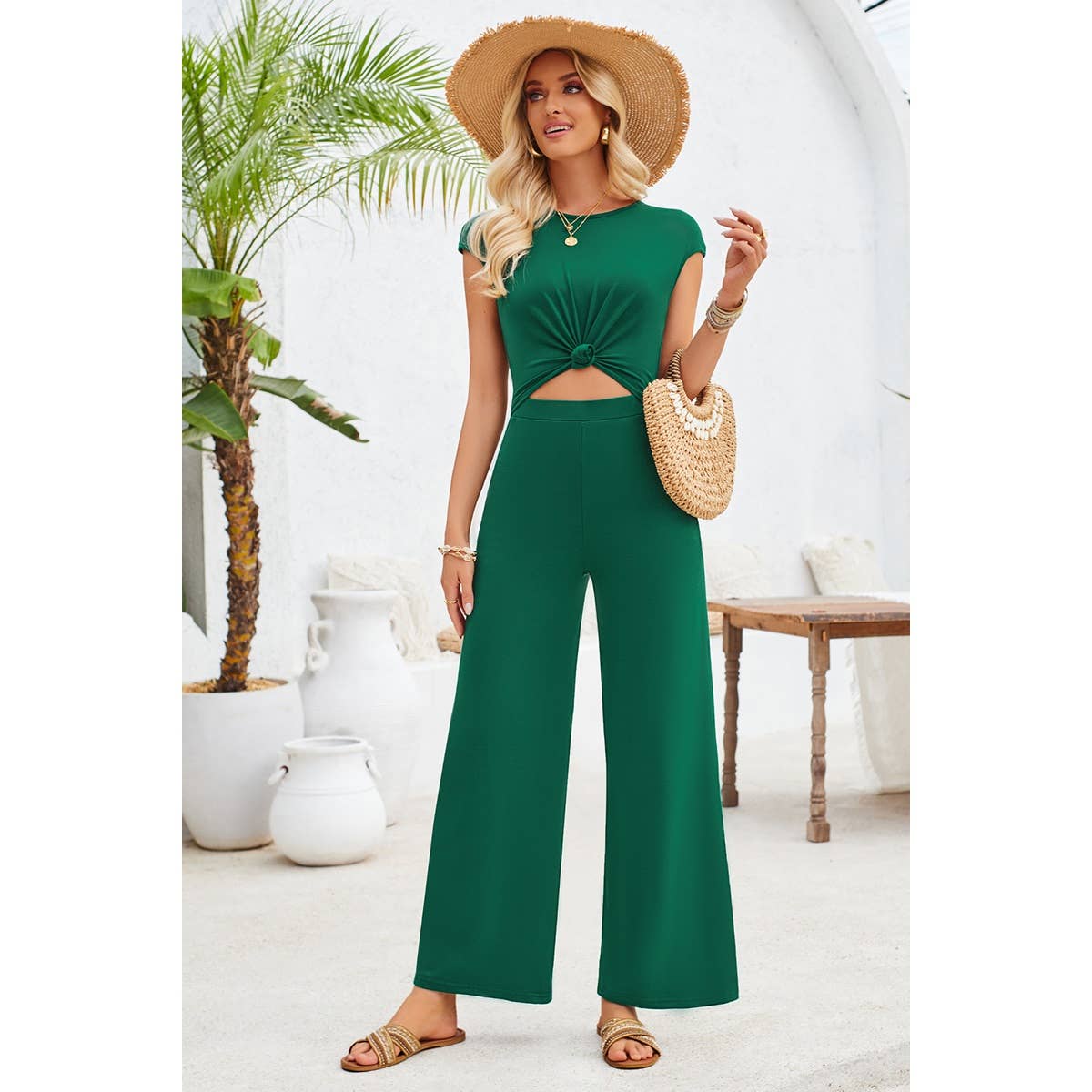 Green Open Back Knotted Jumpsuit