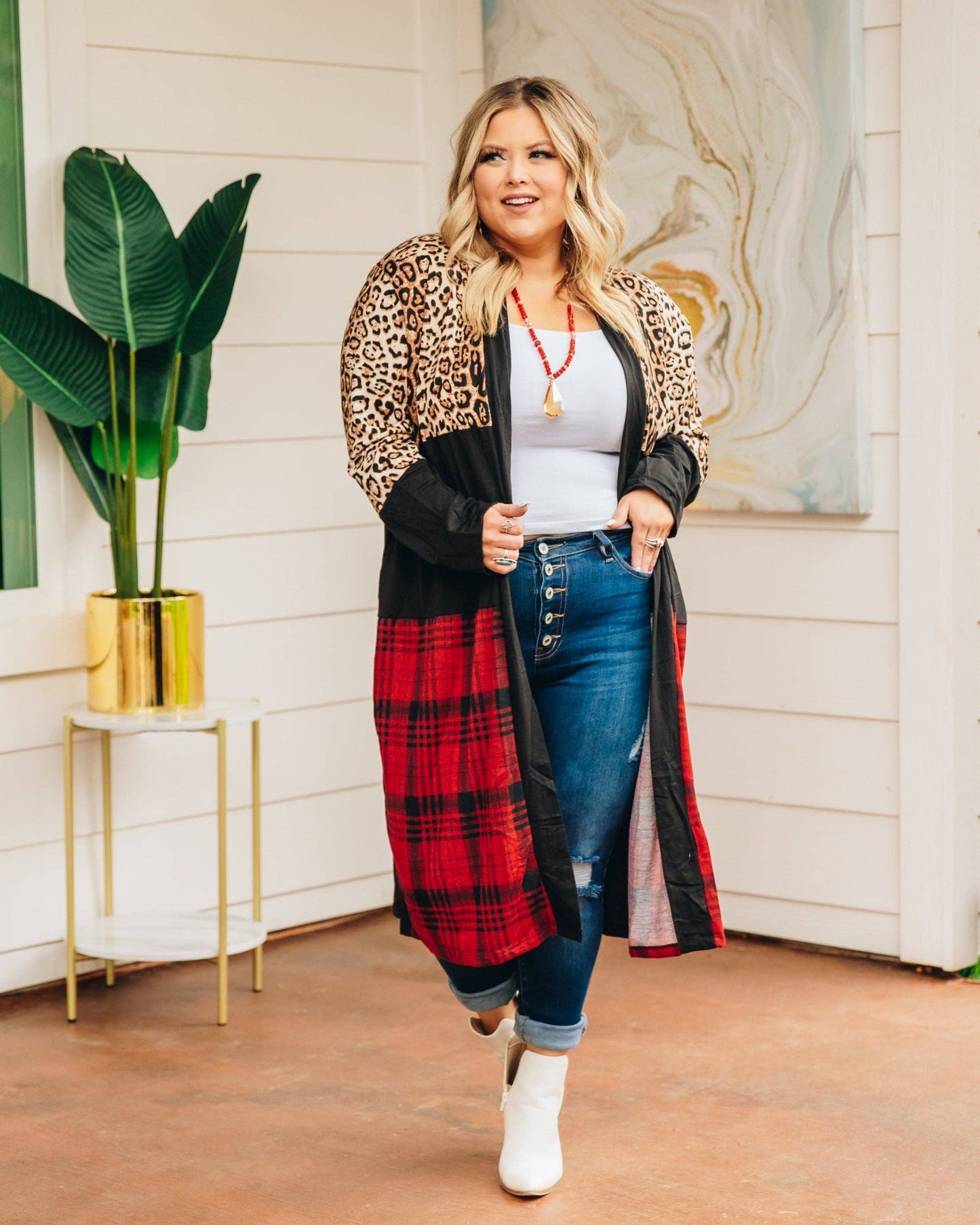 Chill Adulting Cardigan with Leopard and Plaid: Black