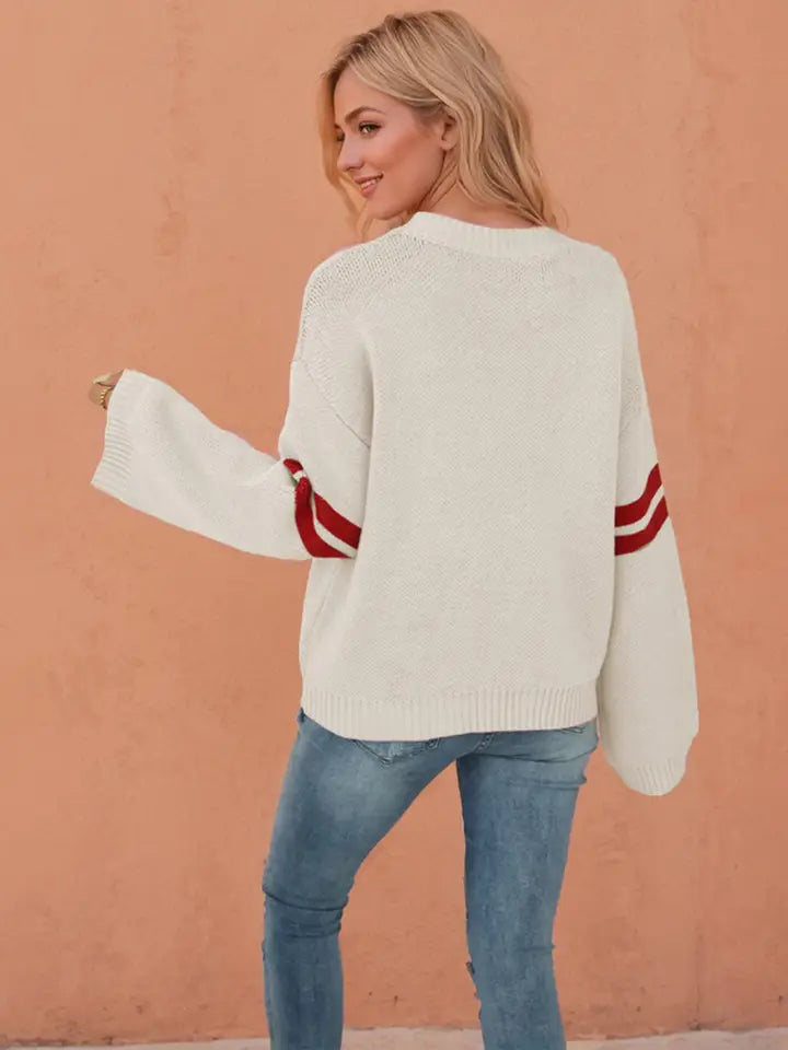 Valentine Heart Knit Sweater Womens Crew Neck Pullover