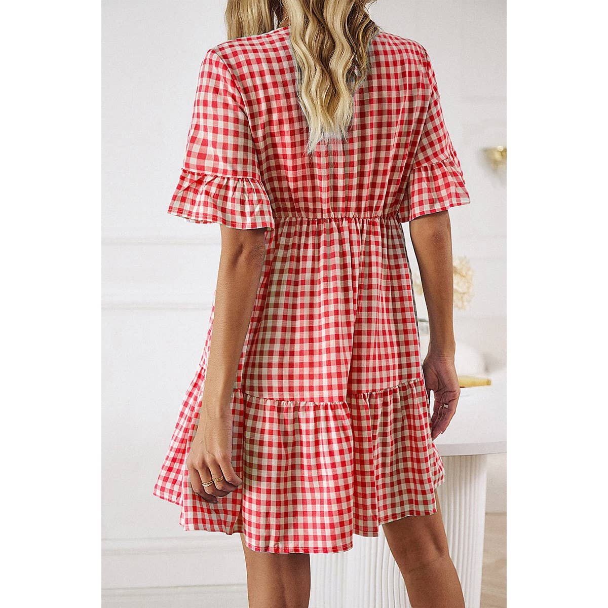 Red Plaid V Neck Dres