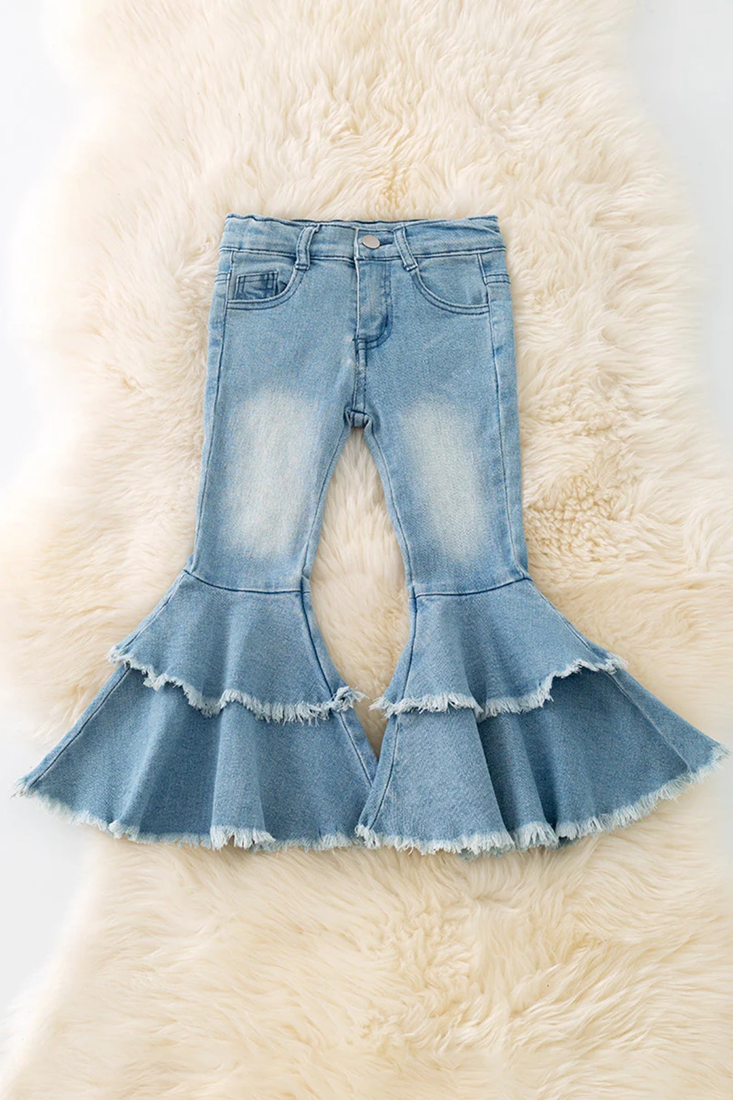 Light Light Blue Denim Double Ruffle Bell Bottoms