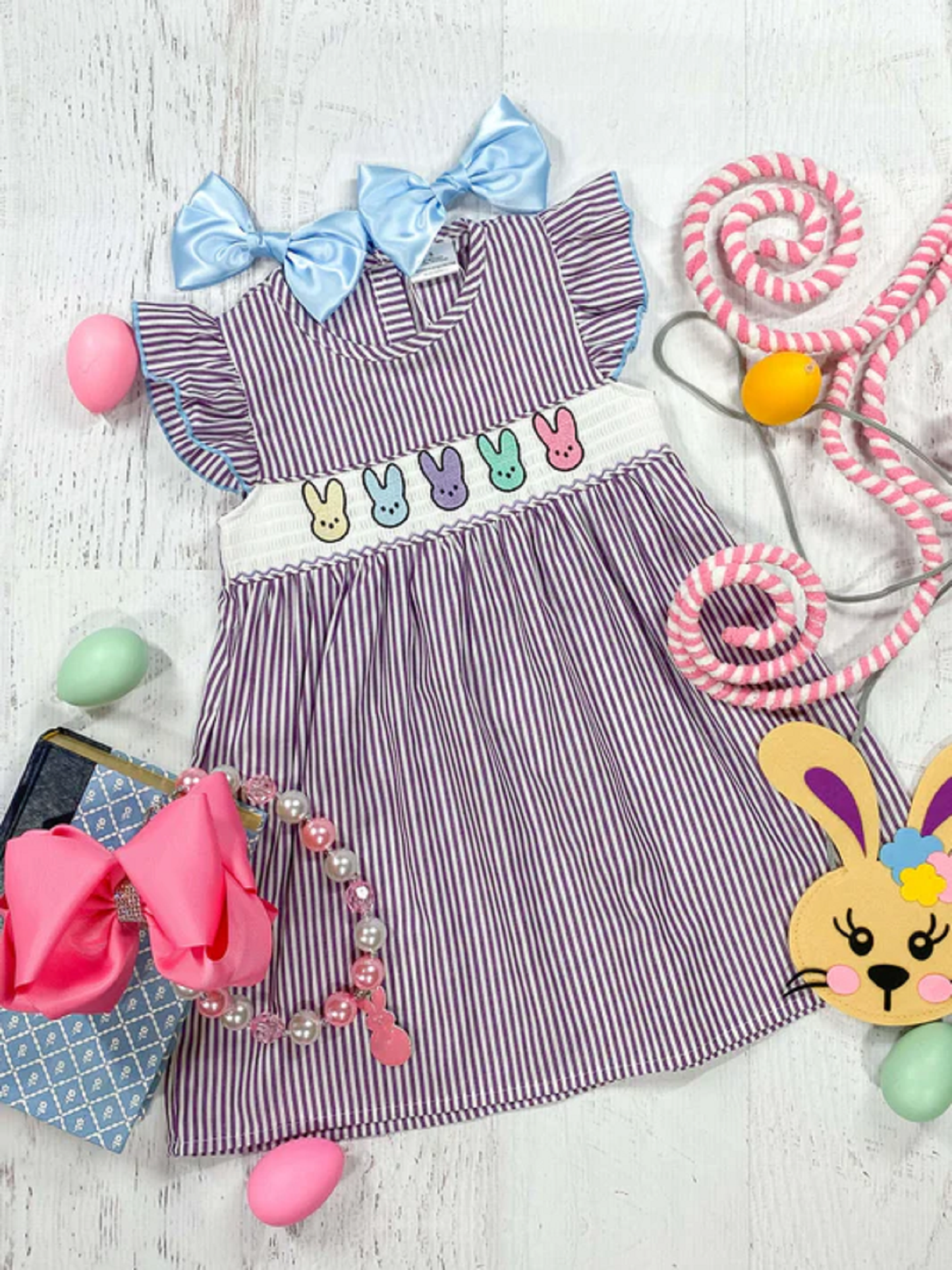 Easter Bunny Smocked Purple Striped Dress