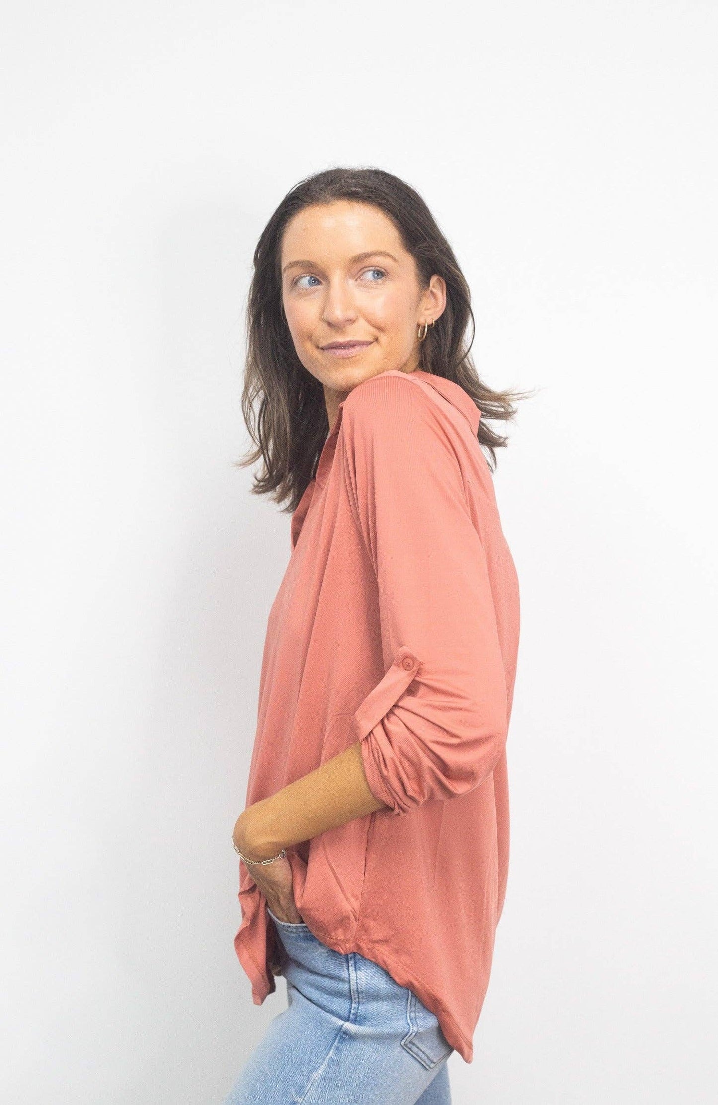 Gemma V-Neck Top, Dark Pink: Pink