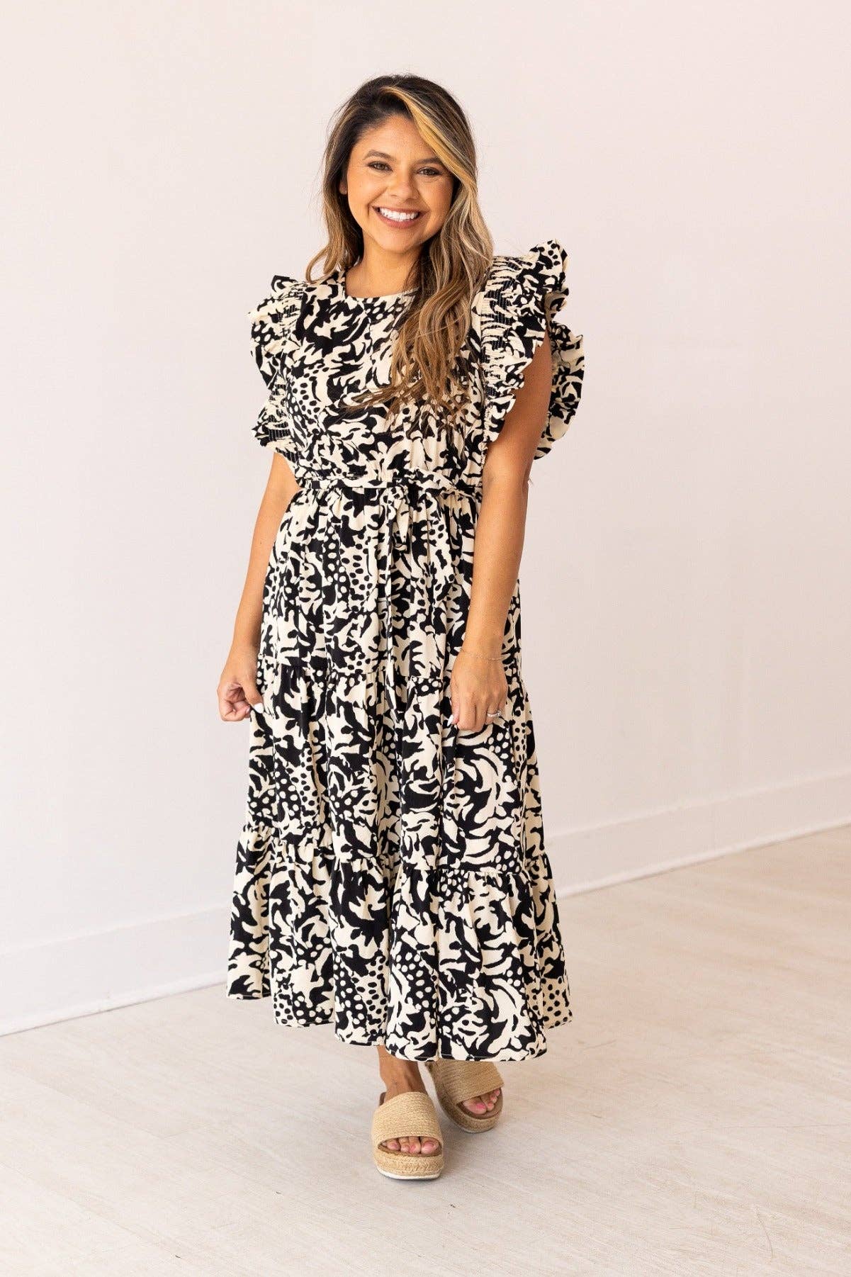 Beige and Black Abstract Dress: Black