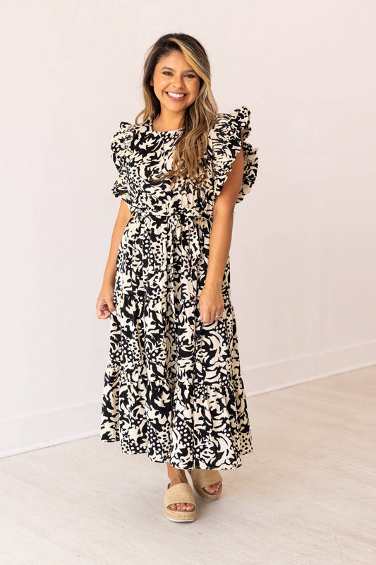 Beige and Black Abstract Dress: Black