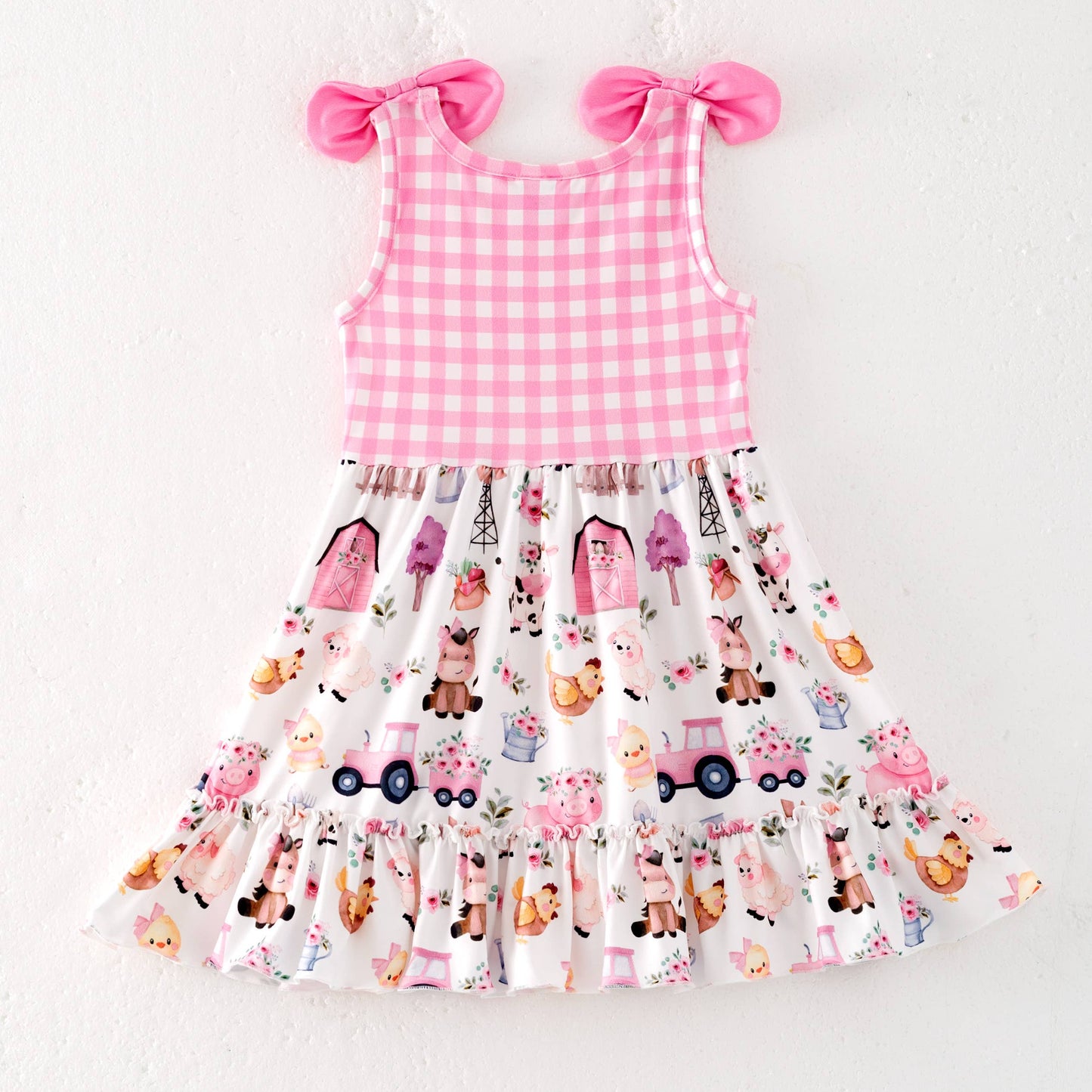 Girls Summer Pink Plaid Farm Print Dress