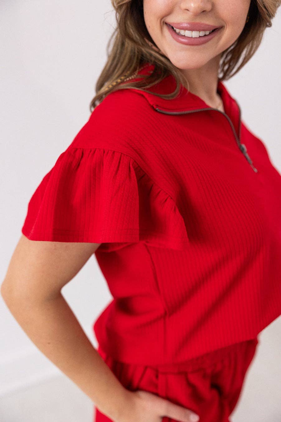Red Quarter Zip with Flutter Sleeves: Red