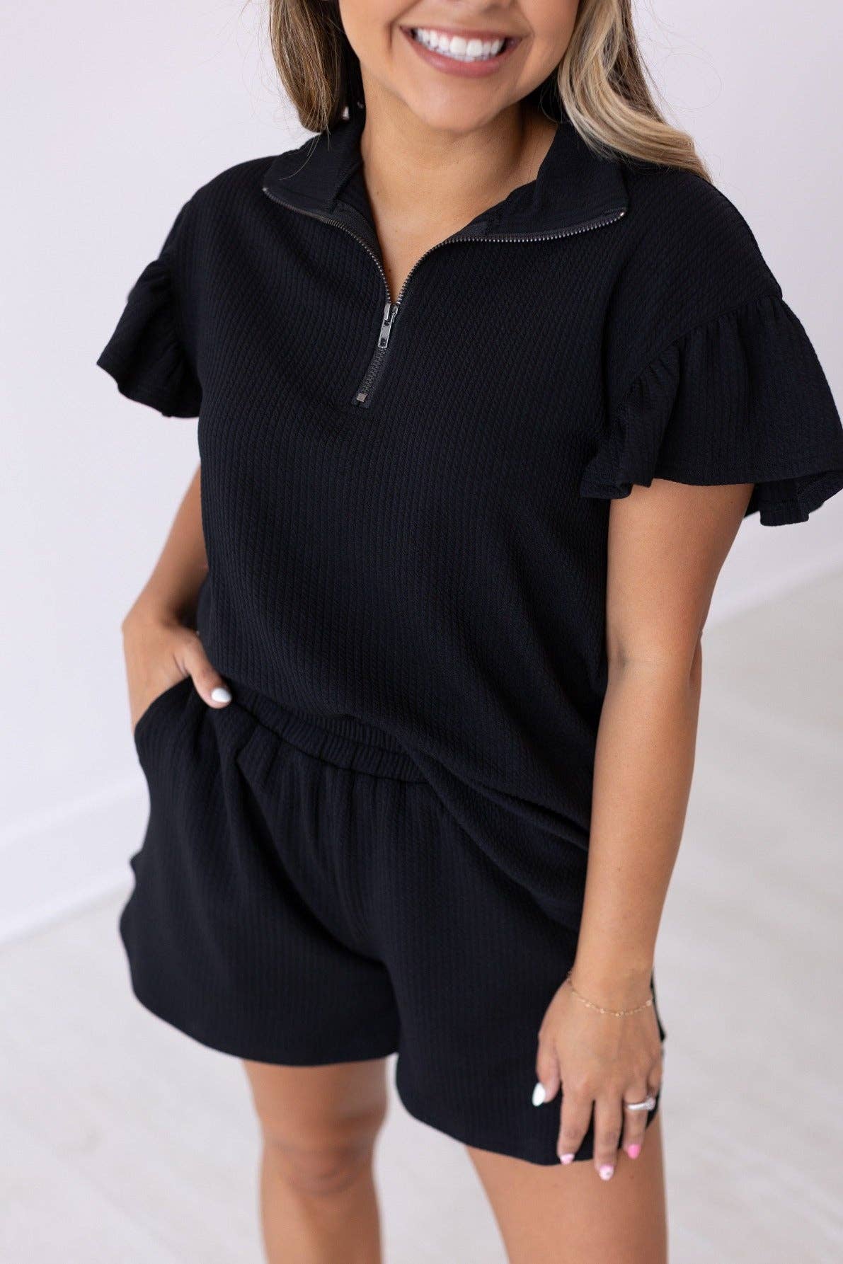 Black Quarter Zip with Flutter Sleeves: Black / S