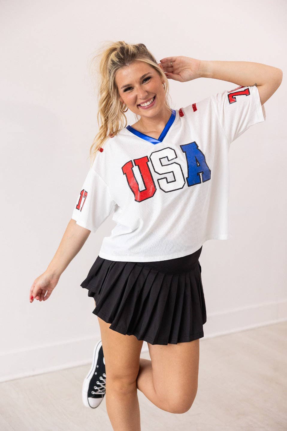 USA Glitter Jersey Top: White