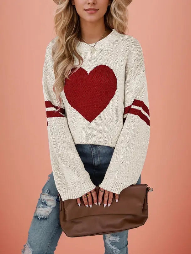 Valentine Heart Knit Sweater Womens Crew Neck Pullover