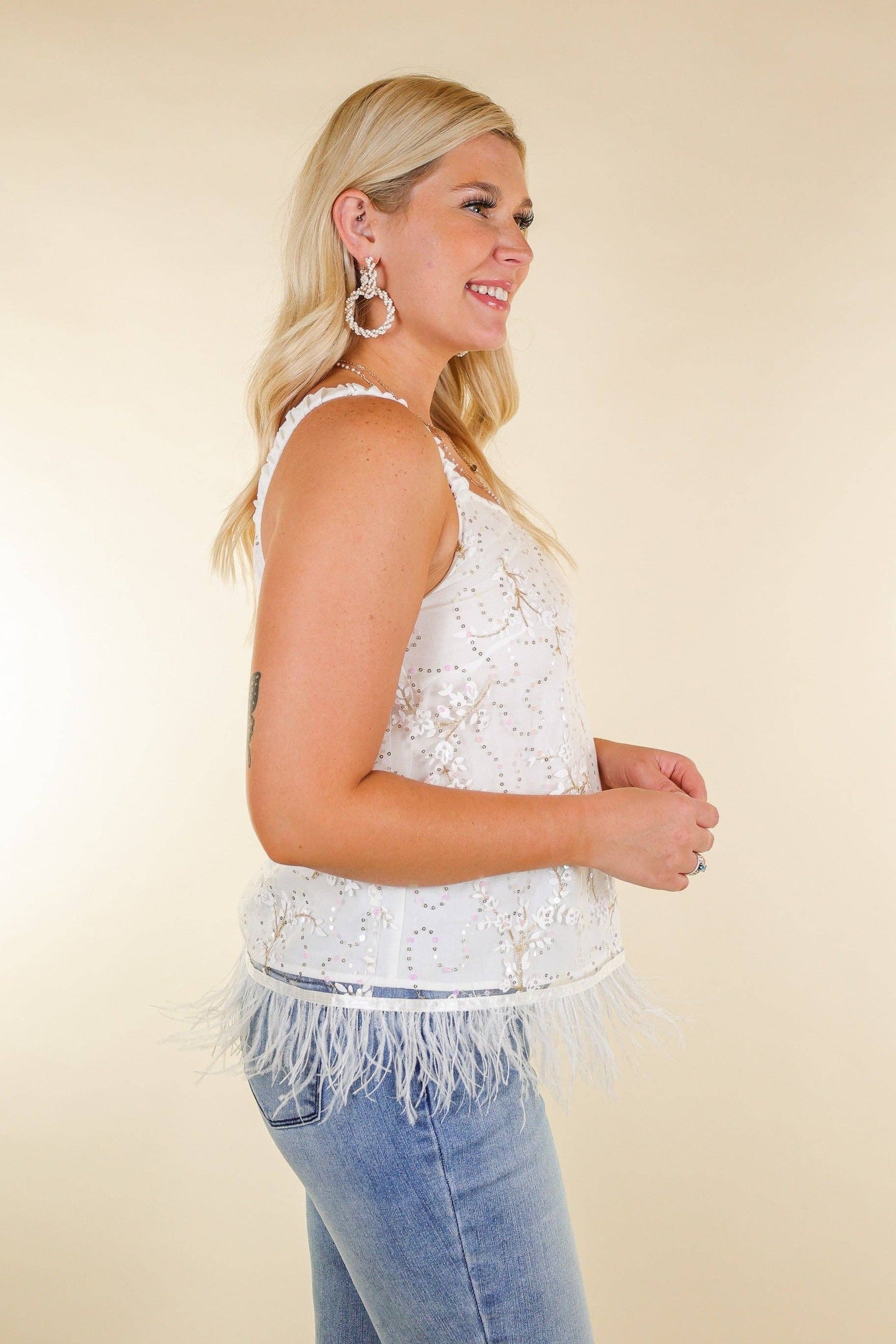 Shimmy and Shake Sequin Floral Crop with Feather Trim: White