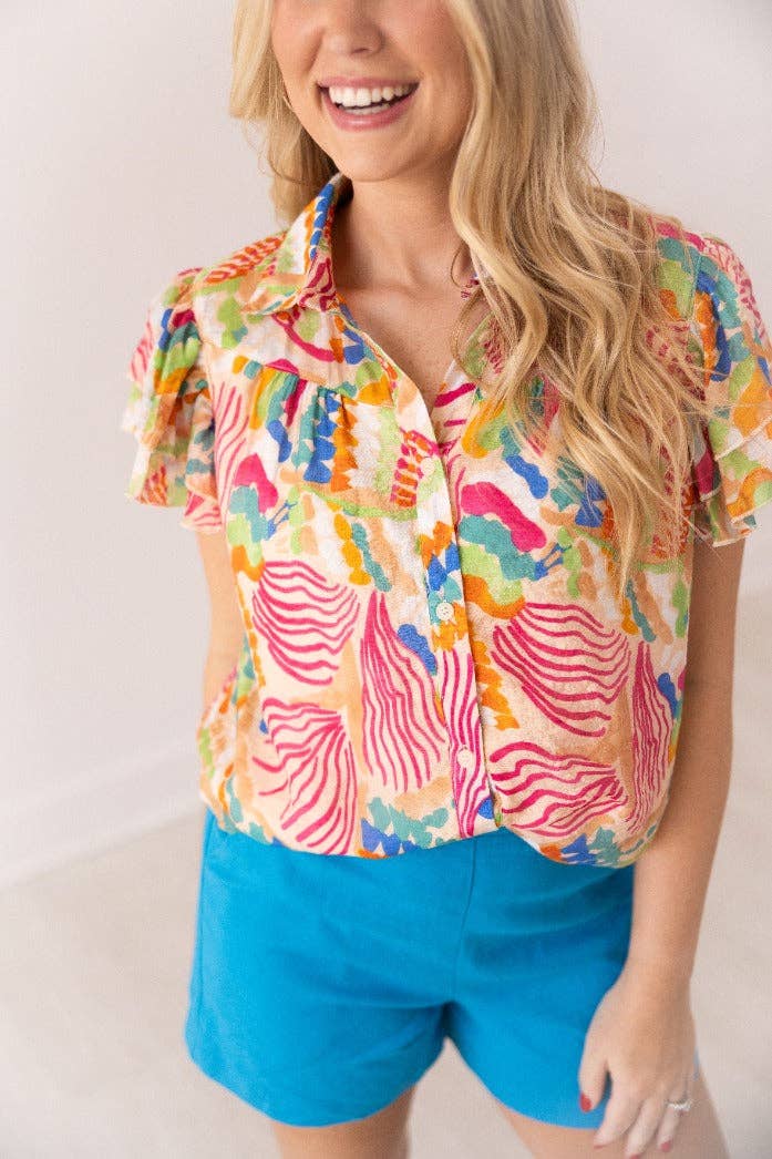 Tropical Print Top Flutter Sleeves: Multi