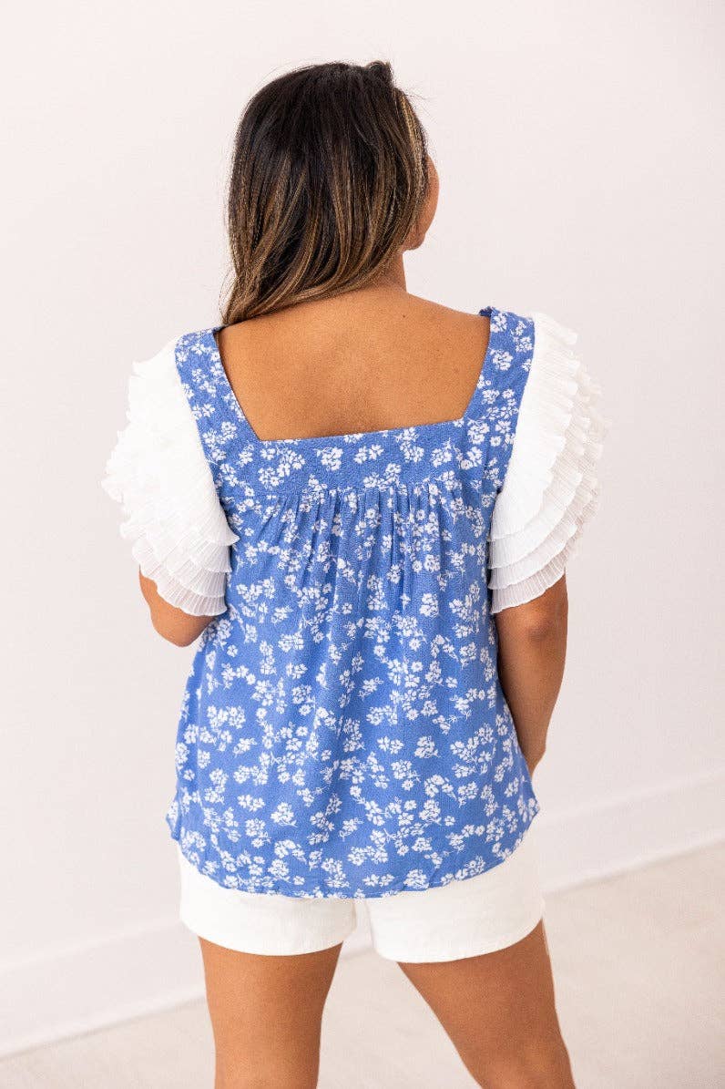 Blue Floral Blouse Ruffle Sleeve: Blue