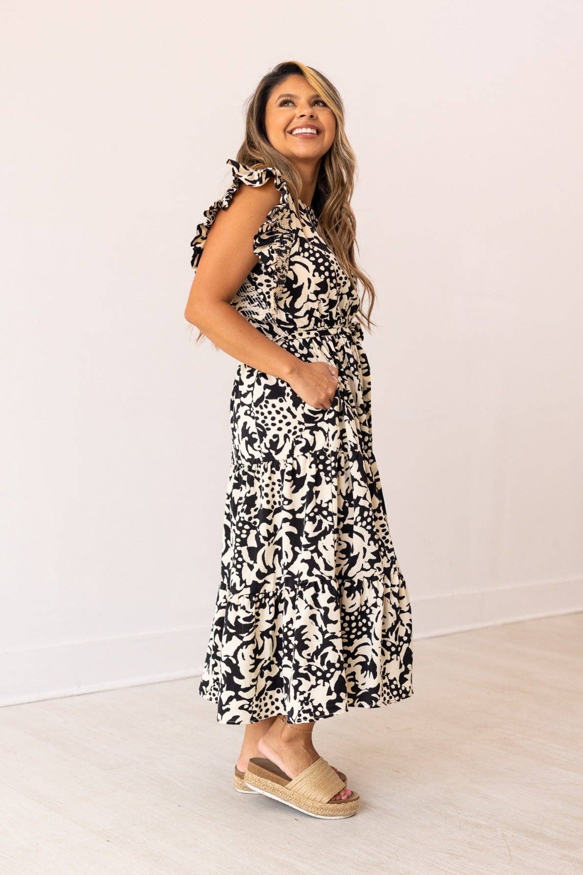 Beige and Black Abstract Dress: Black