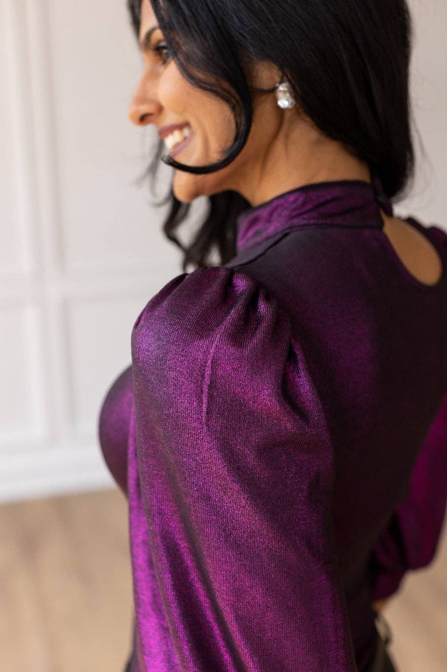 Chic Magenta Cutout and Puff Sleeve Bodysuit: Purple