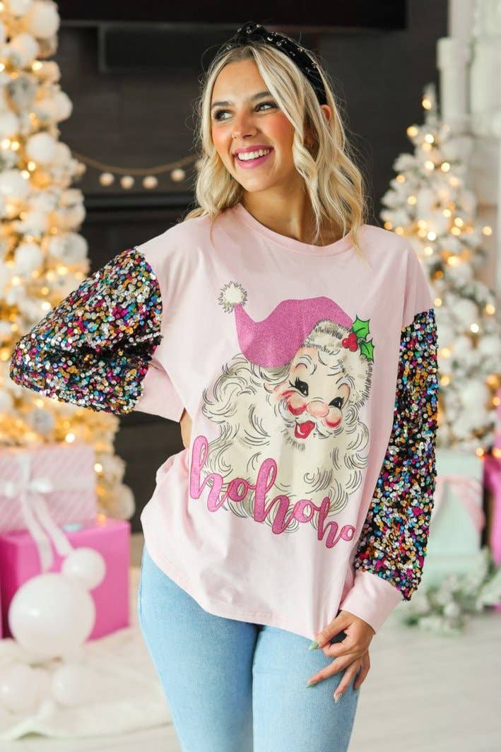Pink Sequin Sleeve Santa Clause: Pink