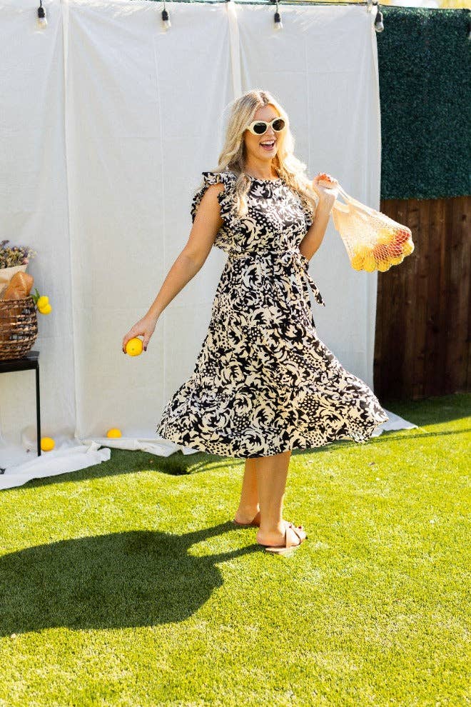 Beige and Black Abstract Dress: Black