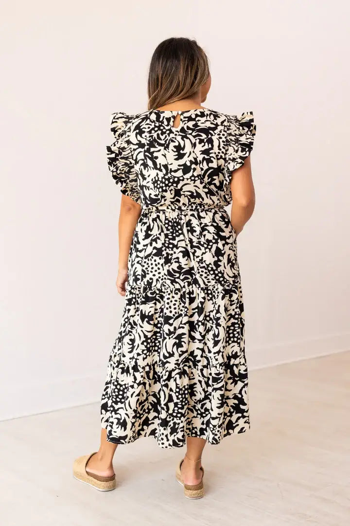 Beige and Black Abstract Dress: Black