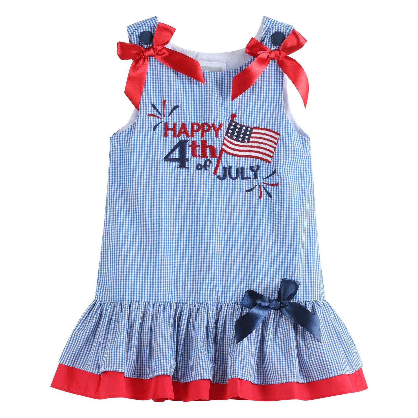 Lil Cactus Happy 4th of July Blue Gingham Ruffle Dress
