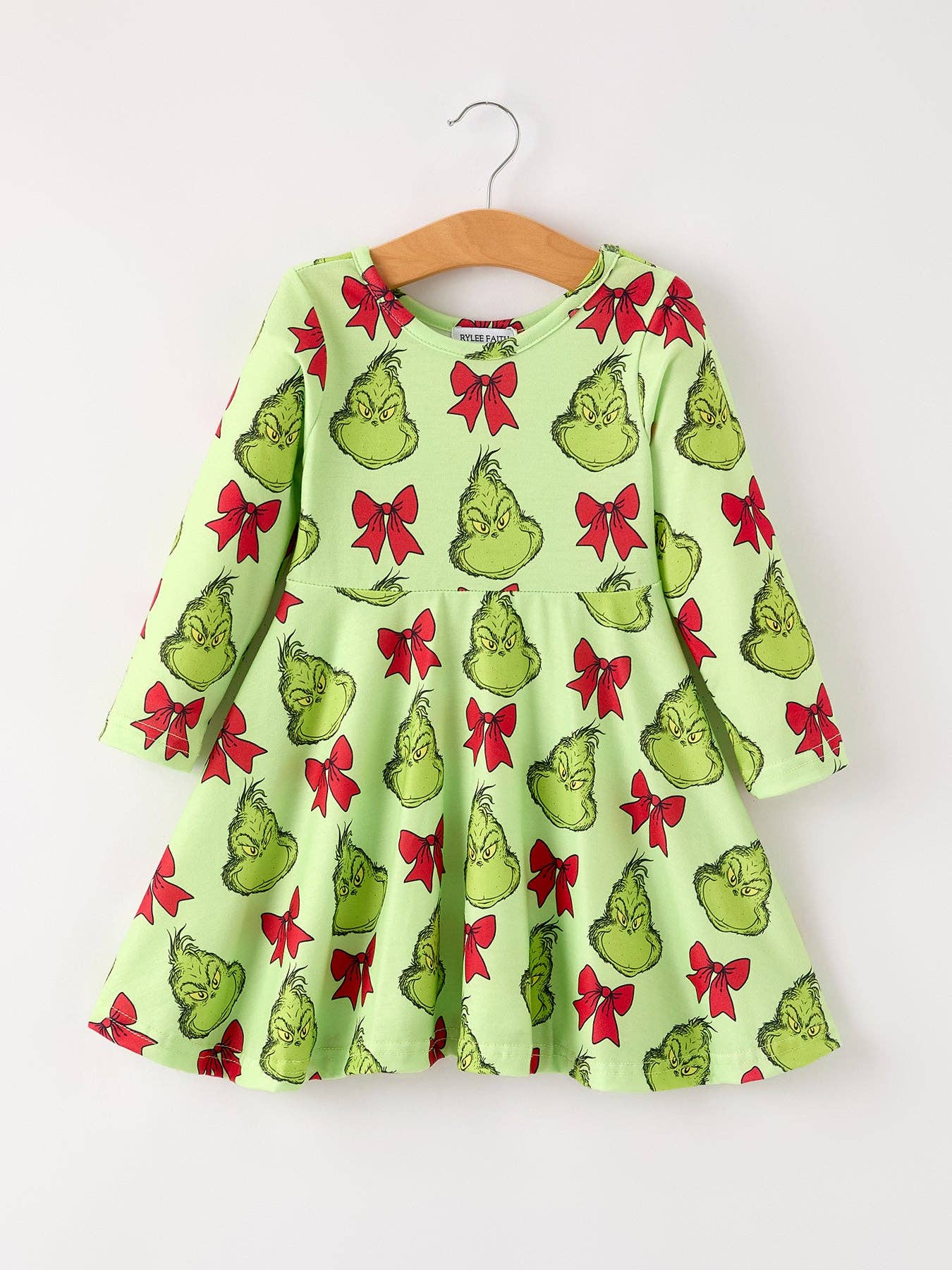 Winter Christmas Tree Bow Character Print  Green Girls Dress: 2