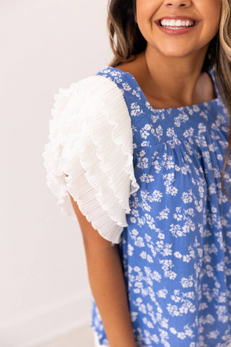 Blue Floral Blouse Ruffle Sleeve: Blue