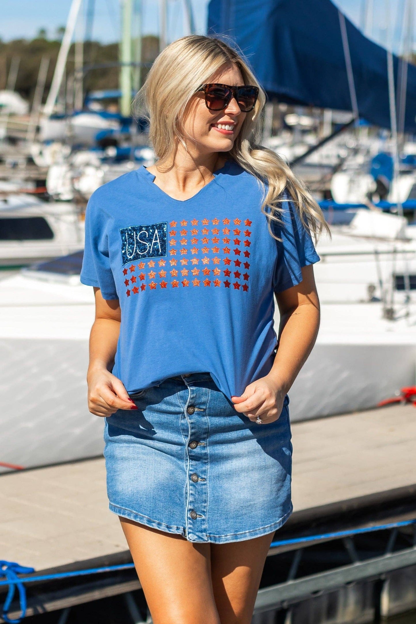 USA Flag Glitter Stars Top: Blue