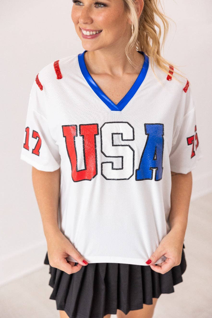 USA Glitter Jersey Top: White