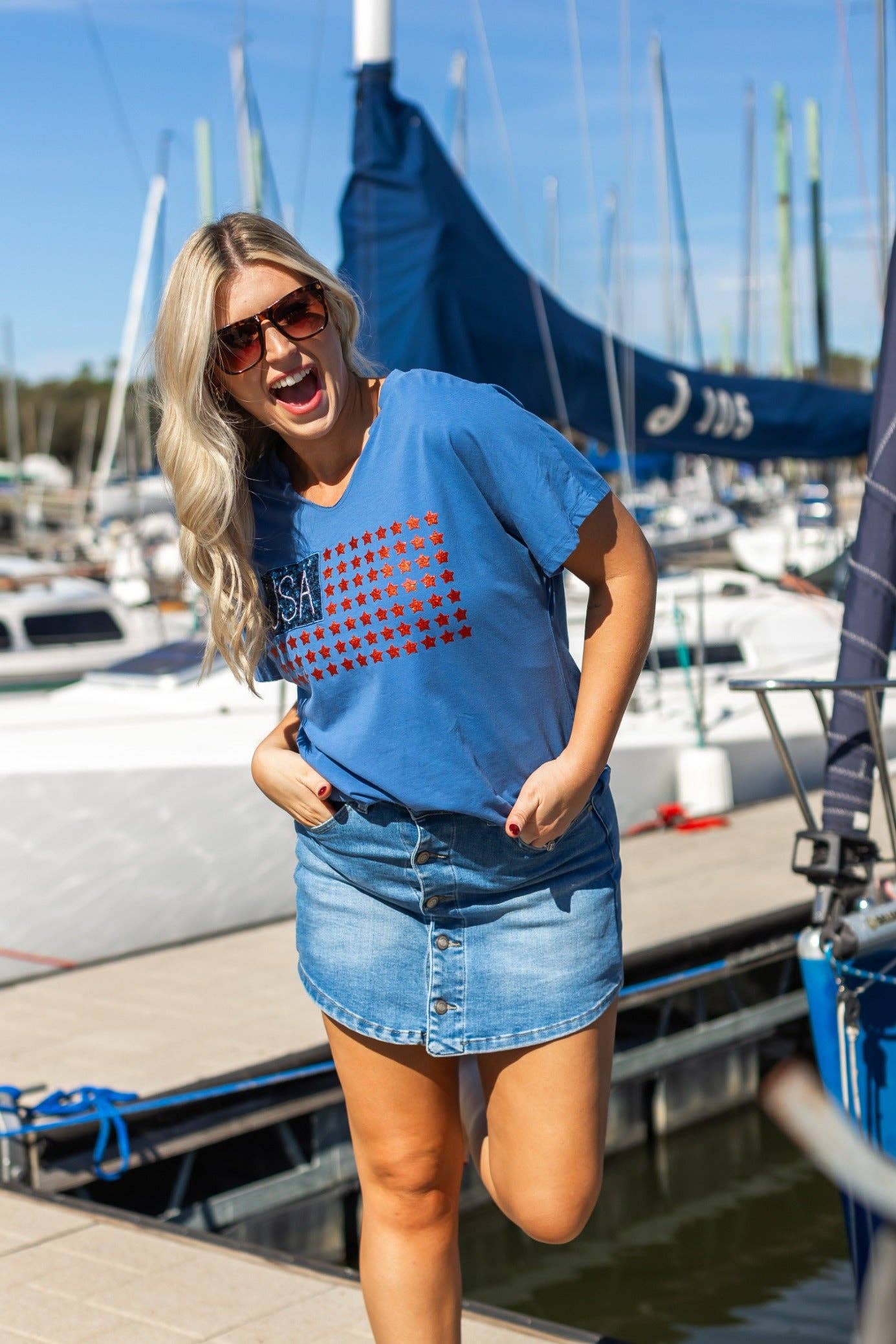 USA Flag Glitter Stars Top: Blue