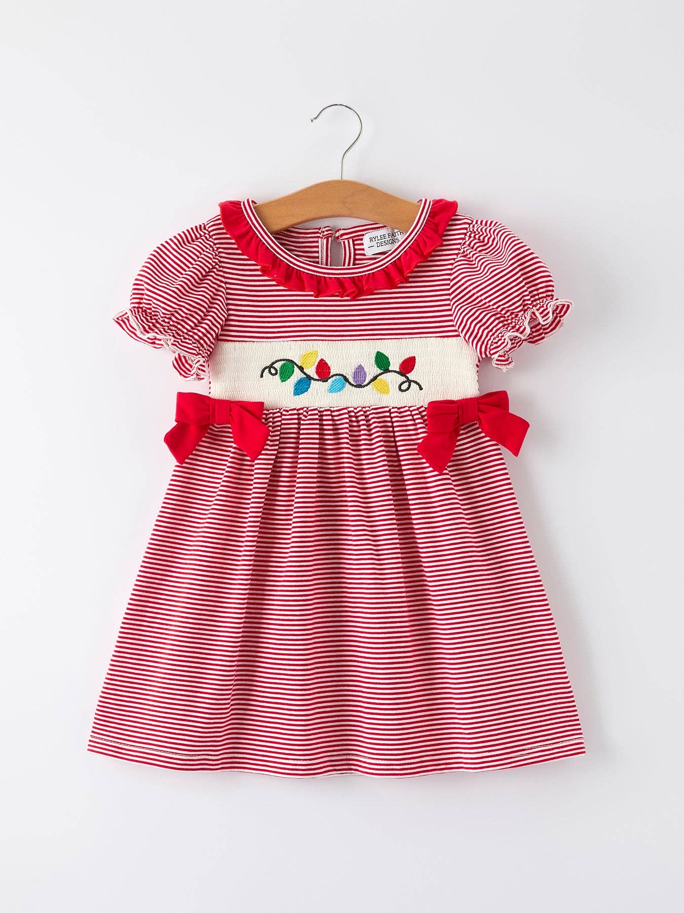Holiday Girls Dress with Embroidered Christmas Lights and Red Bow Details