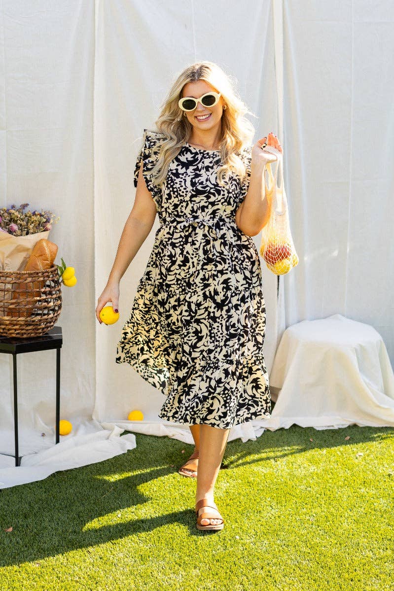 Beige and Black Abstract Dress: Black