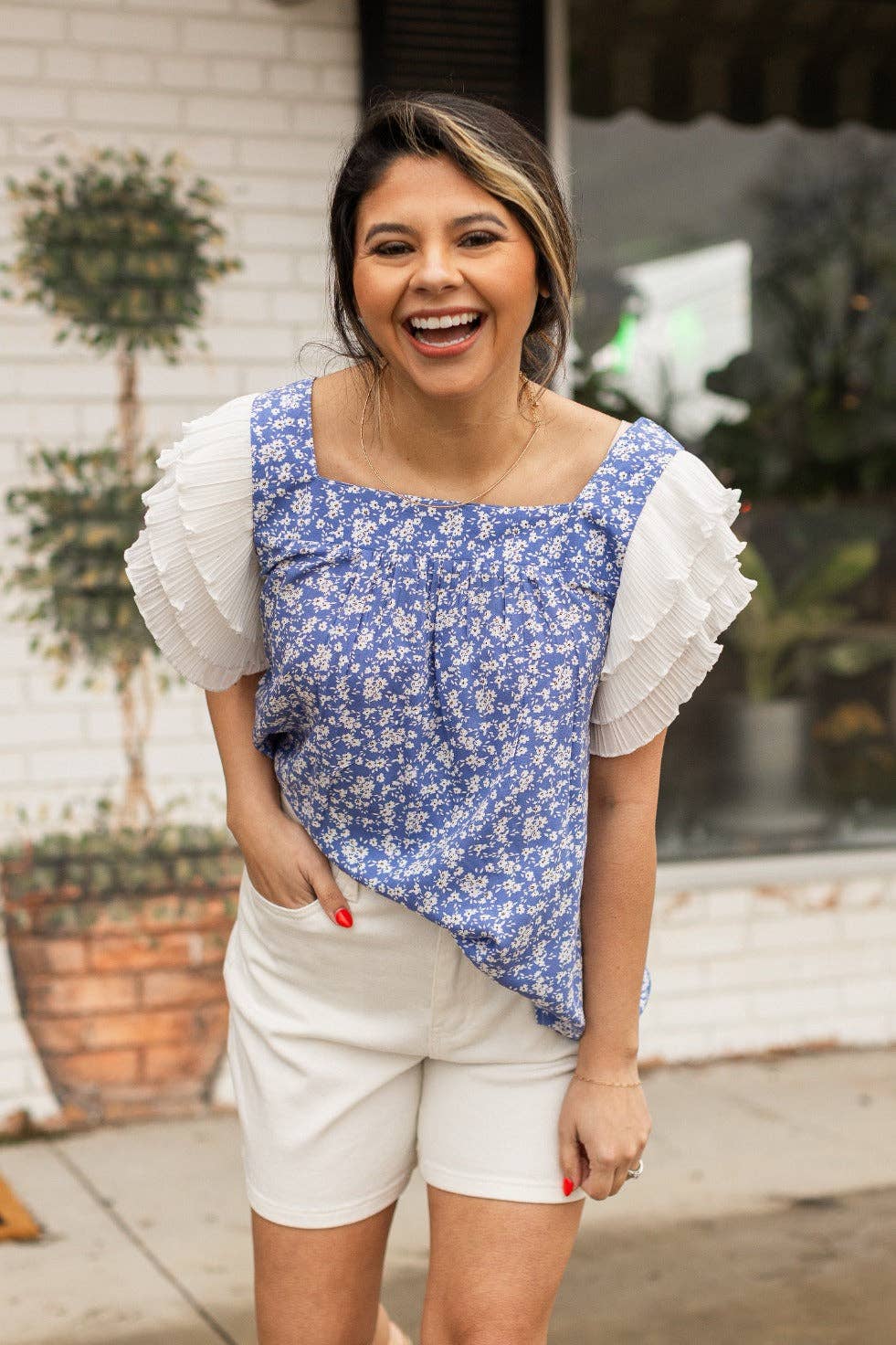 Blue Floral Blouse Ruffle Sleeve: Blue