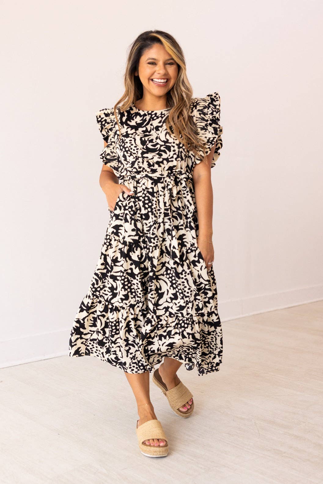 Beige and Black Abstract Dress: Black