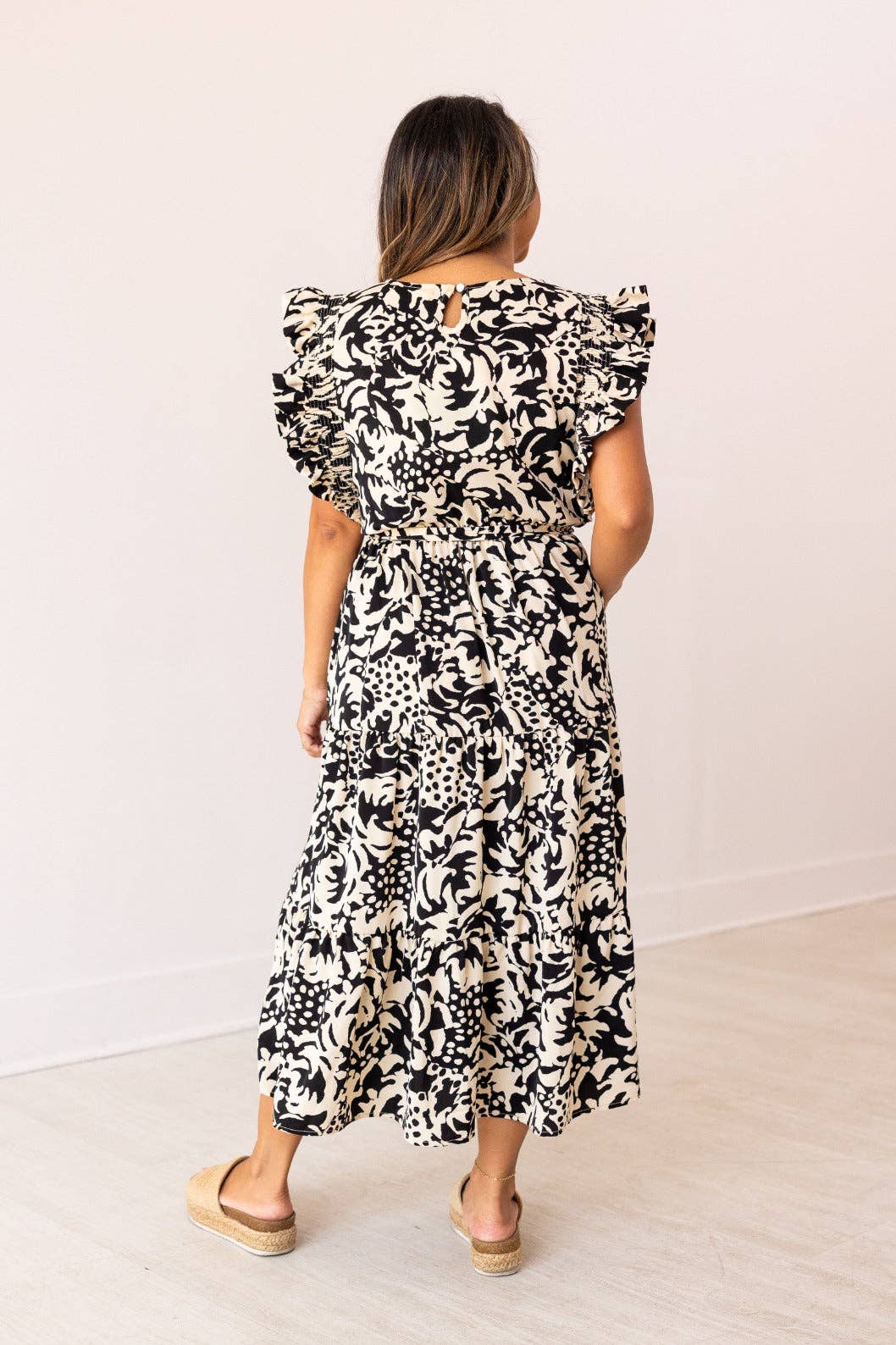 Beige and Black Abstract Dress: Black