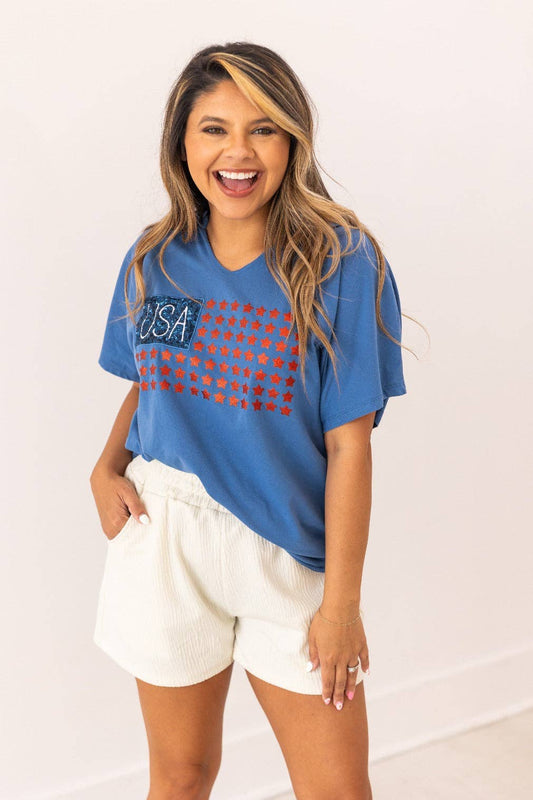 USA Flag Glitter Stars Top: Blue