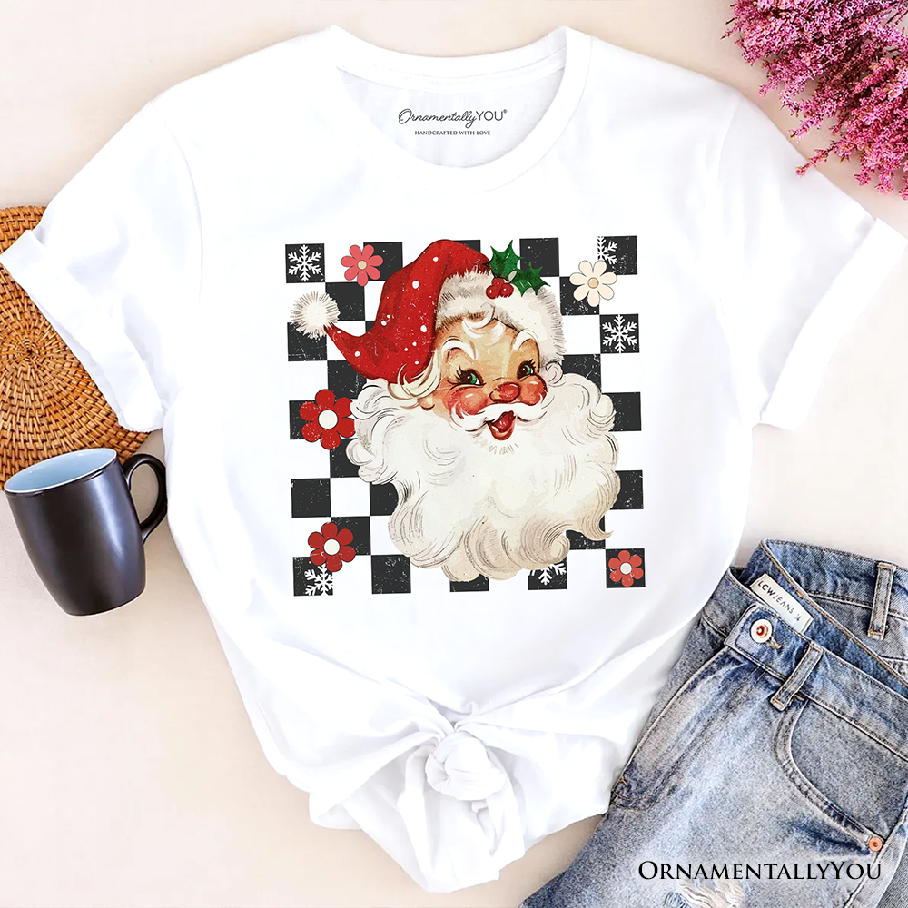 Checkered Santa Claus Vintage T-Shirt, Retro Christmas Tee: Natural