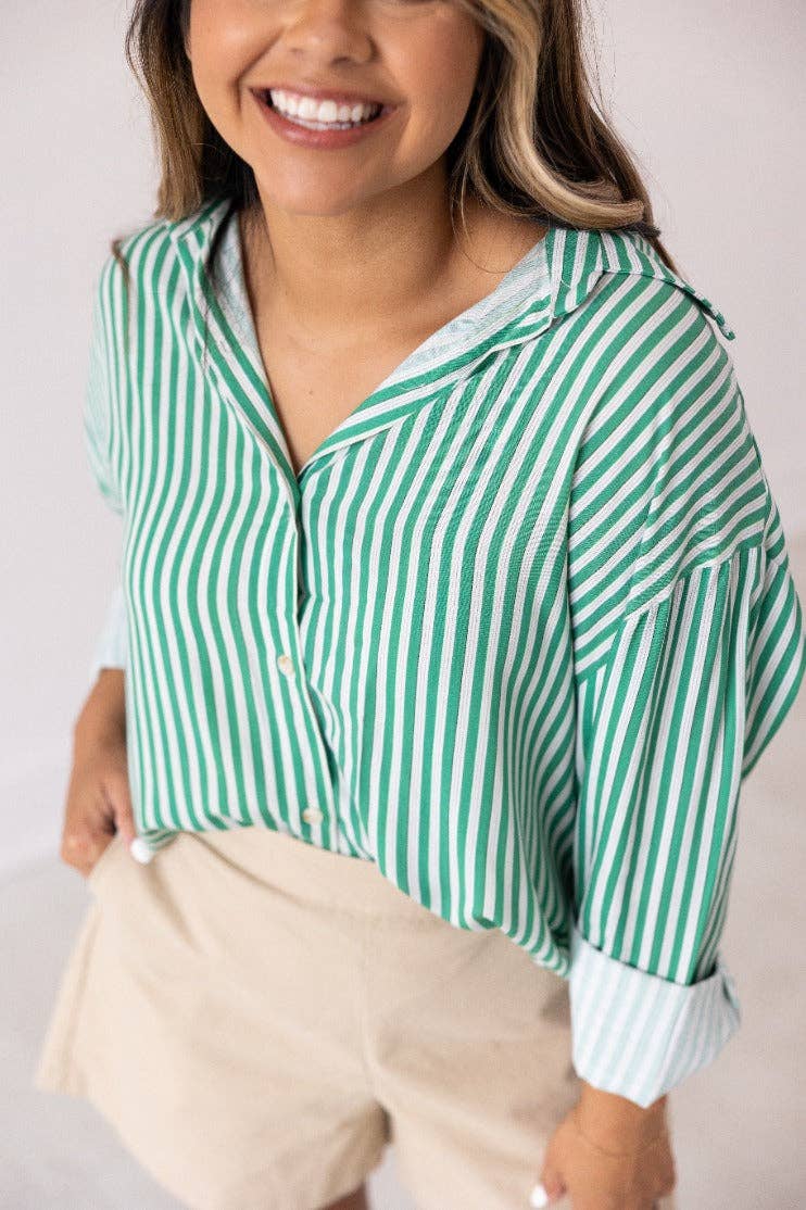 The Kathryn Button-Up, Striped Green: Green