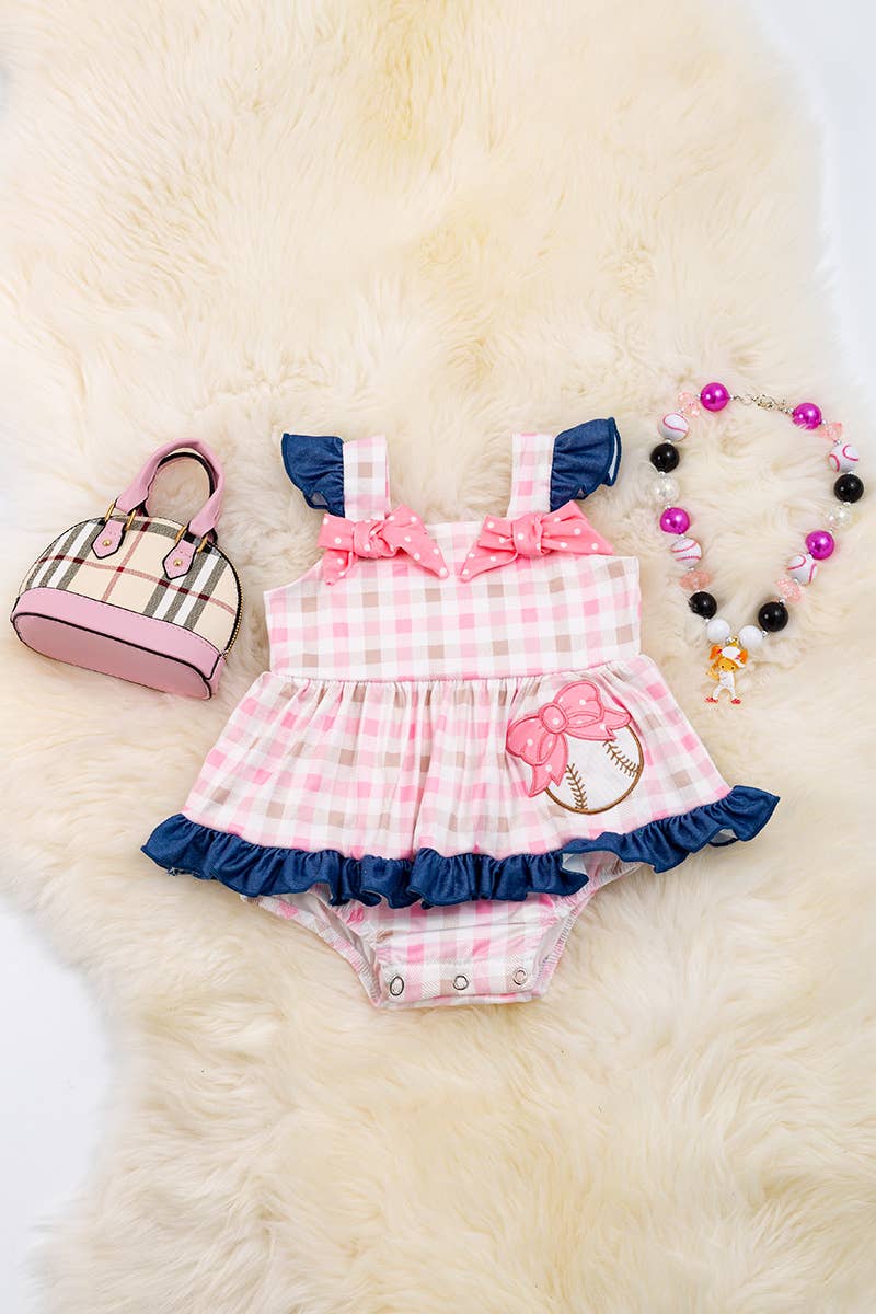 PINK PLAID BASEBALL BABY ROMPER