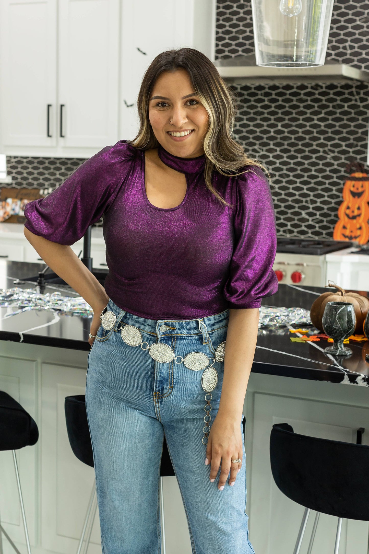 Chic Magenta Cutout and Puff Sleeve Bodysuit: Purple