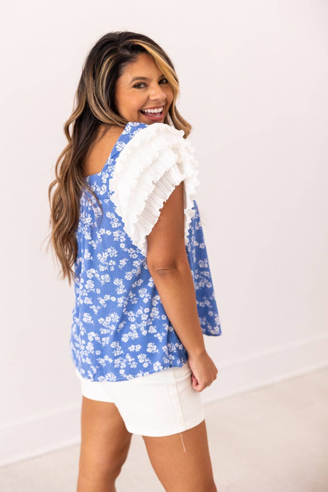Blue Floral Blouse Ruffle Sleeve: Blue