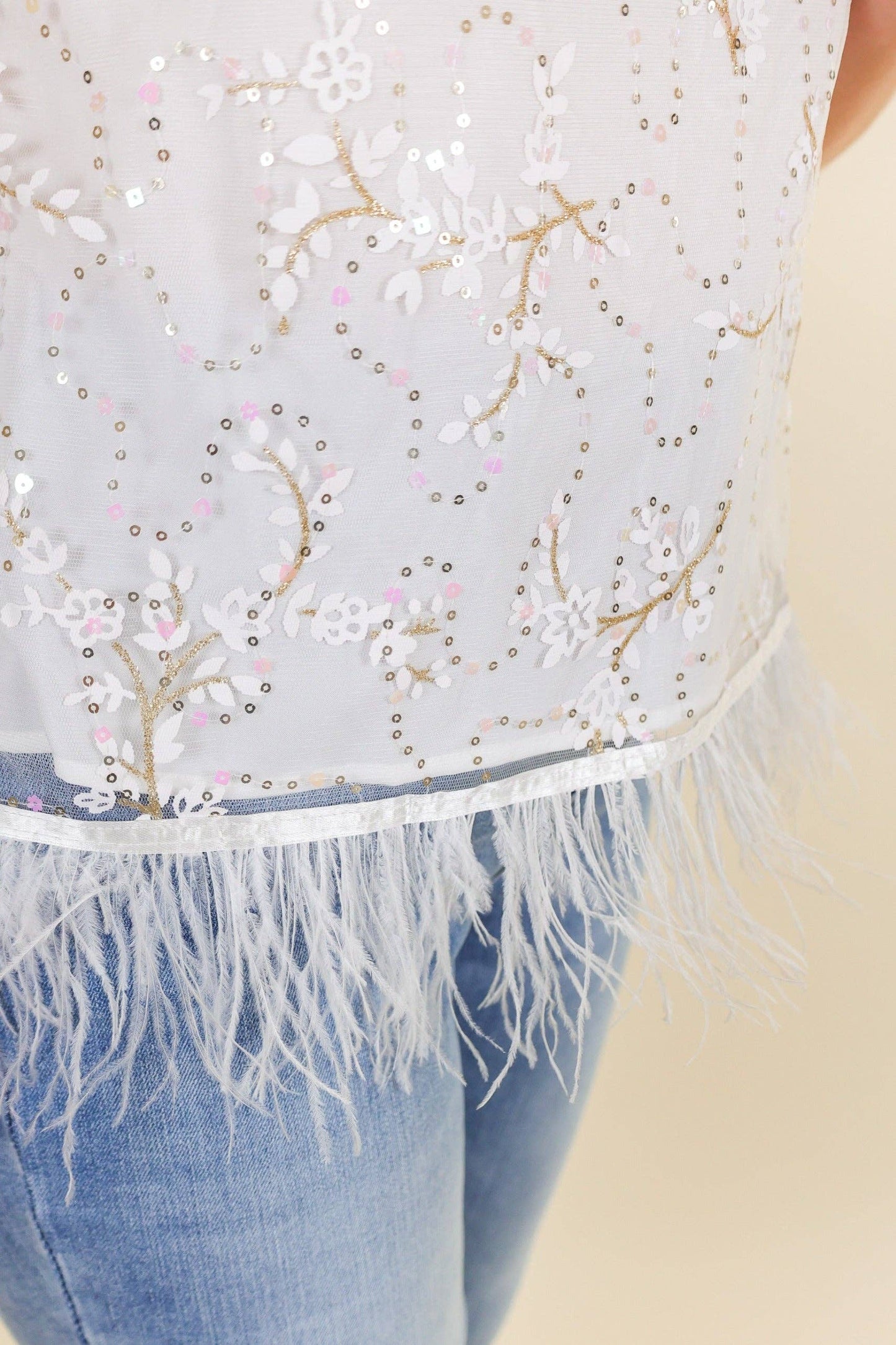 Shimmy and Shake Sequin Floral Crop with Feather Trim: White