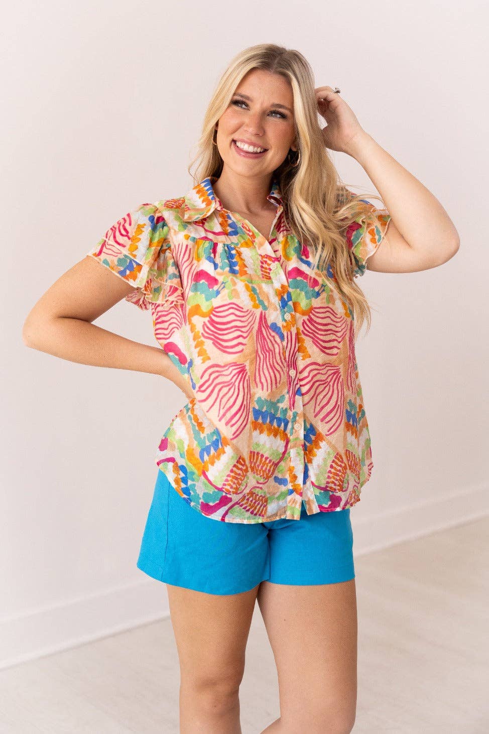 Tropical Print Top Flutter Sleeves: Multi