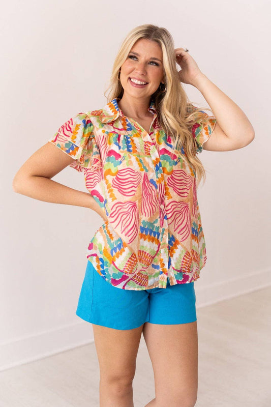Tropical Print Top Flutter Sleeves: Multi